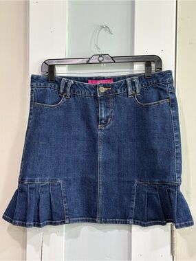 Thalia Sodi Denim Skirt Women’s 9/10 Blue Jean Pleated Ruffle Hem Stretch